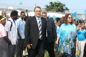 Prime Minister Dr. Kenny Anthony and wife, Dr. Rose-Marie Belle Antoine, arrive to a rapturous welcome at Phillip Marcellin Ground last Sunday afternoon.