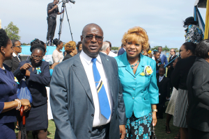 Former Prime Minister Stephenson King and wife, Rosella, leaving the military parade.