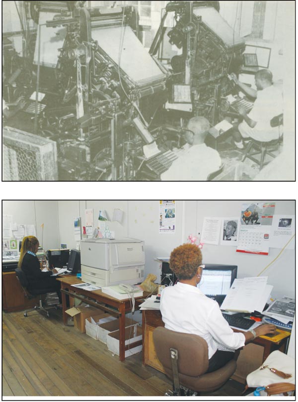 Old linotype machine (Top) &  Today's typesetting department.(Bottom)