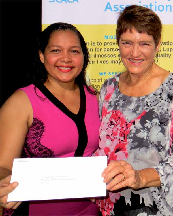Image: Dr. Celia Mc. Connell-Downes, President SLALA (left) accepting cheque from Mrs. Arletta Bailey, representative for Guardian Group/Jeffery & Jeffery