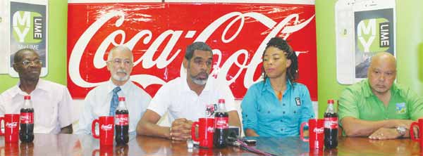 (L-R) Youth and Sports officer Ligorious Marquis CEO Du Boulay Bottling Company Dunstan Du Boulay, Vice President St. Lucia Tennis Association Trevor Hunte, LIME Marketing Representative Charlene Jn Baptiste and national Tennis Centre Manager Buzz Erlinger Forde (Photo: Anthony De Beauville)