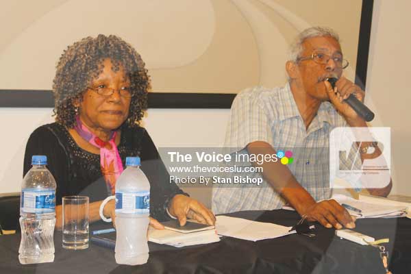 Image: Cuban writer, Nancy Morejón, and Saint Lucian poet/actor, Mac Donald Dixon, who moderated the conference and debate session. [PHOTO: Stan Bishop] 