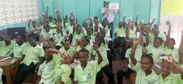 Image: Stephen says thank you to donor Colgate with students of the Millet Primary School during a recent visit.