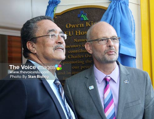 Prime Minister Kenny Anthony and EU Ambassador to Barbados and the Eastern Caribbean, Mikael Barfod, unveiled the plaque at the new hospital. [PHOTO: Stan Bishop]