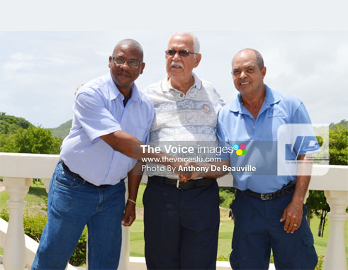(L-R-) SLNCA Operation Manager Brian Calixte, Mobilization Personnel for the India Tour Joseph ‘Reds’ Perreira and St. Lucia Golf Association 2nd Prisident Milton McKenzie following Wednewday’s conference (PHOTO: Anthony De Beaulville.