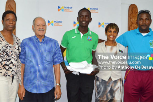 Image: (L-R) Schools Sports Coordinator Isabel Marquis, Massy United Insurance Director Hollis Bristol, Cricketer KimaniMellus, Massy United General Manager Faye Miller and Cricket Coach in the Ministry of Youth Development and Sports Alton Crafton. (PHOTO: Anthony De Beauville)