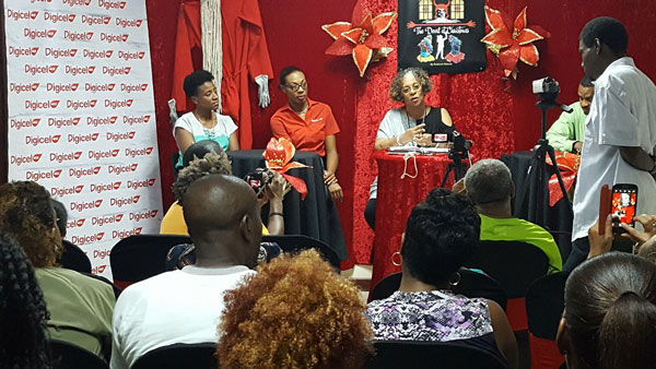 img: Digicel's Marketing Executive Louise Victor at KiddiCrew press launch along with KiddiCrew producer June Frederick and other sponsors.