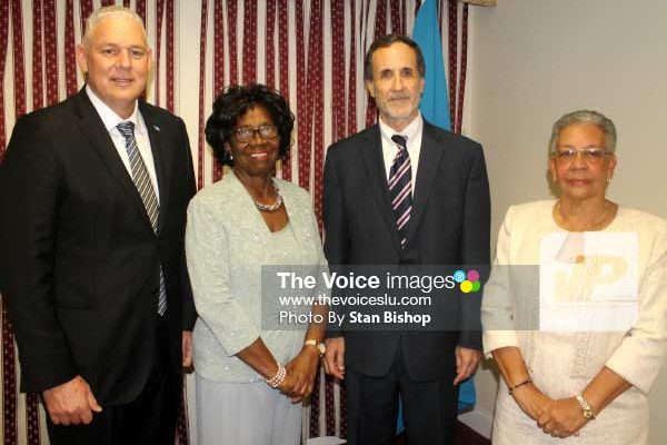 Image: Dr. Charmaine Gardner (far right) with Prime Minister Allen Chastanet, Dame PearletteLouisy and Ambassador Amihai-Bivas at Tuesday’s reception. [PHOTO: Stan Bishop]