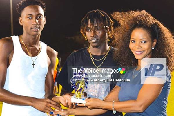 Image: (l-r) Tev Lawrence and Troy Greenidge receiving joint award for most goals scored in the tournament from Sports Saint Lucia Online representative (Photo: Anthony De Beauville)