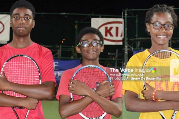 Image: (l-r) Boys’ Under-14 doubles champions Maxx Williams and Aiden Bousquet; Girls Under–14 open champion NadjemaMorille(Photo: Anthony De Beauville)