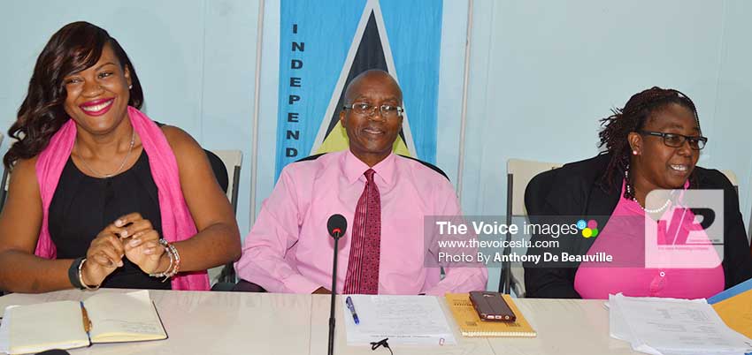 Image: (l-r) Members of the sports awards committee, Maundy Lewis, Permanent Secretary, Donavan Williams and National Sports Awards Coordinator, Mary Wilfred at Tuesday’s press conference. (Photo: Anthony De Beauville)   
