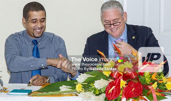 Image: Prime Minister Chastanet and WLBL’s Thomas Leonce at the Launching. (PHOTO: Isabelle Sankar)