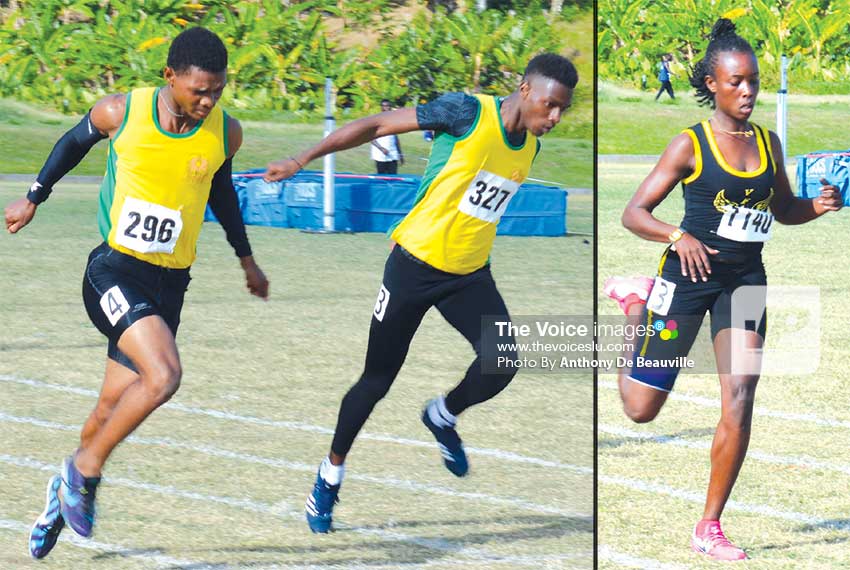 Image: (Left) Choiseul Secondary Jeanmeachel Etienne and Kenneth Verneuil in epic finish in the boys under 18 - 200 metres final; (right) Kimani Alphone of Vieux Fort Comprehensive wins the girls under  18 - 200 metres finals.  (PHOTO: Anthony De Beauville)