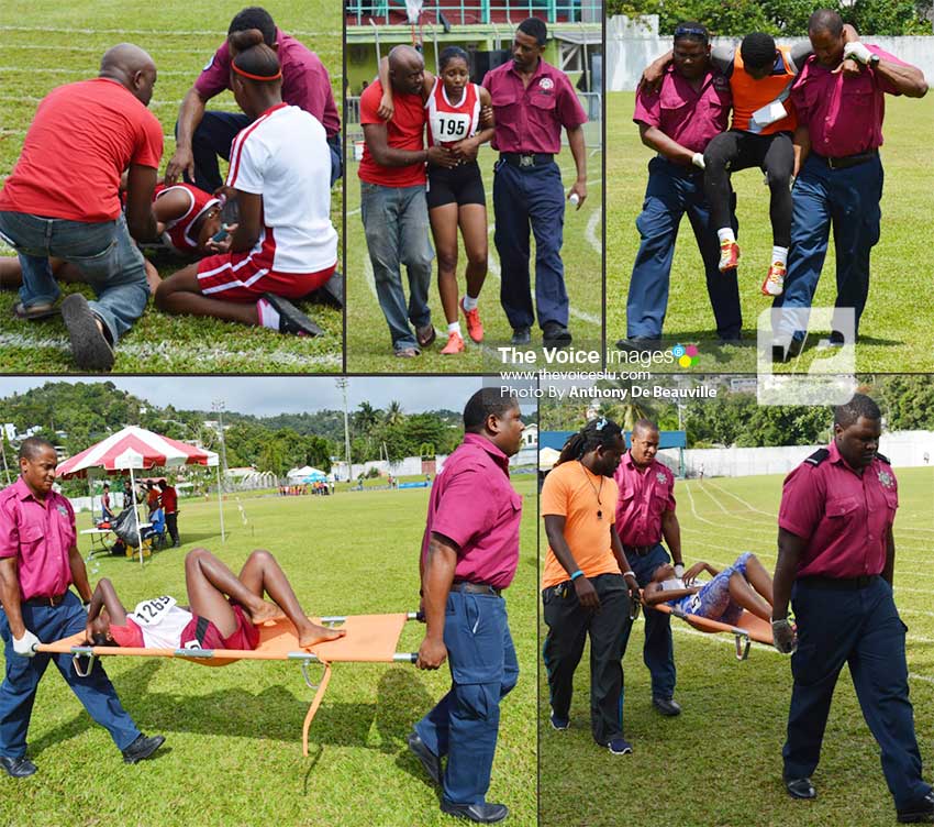 Image: Medical personnel attending to and carrying out some of the students during the meet at the Mindoo Phillip Park. (PHOTO: Anthony De Beauville)  