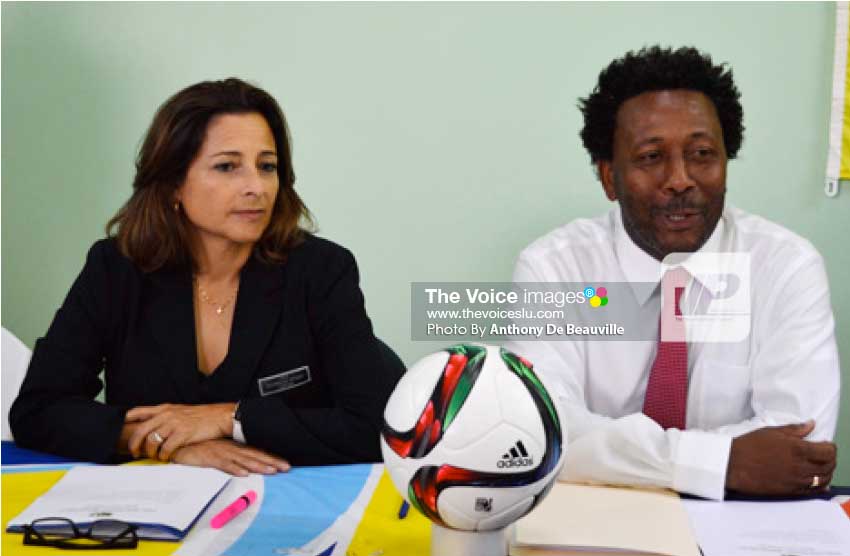 Image: (l-r) FIFA Instructor/Consultant Andrea Rodebaugh and SLFA President Lyndon Cooper speaking at the opening ceremony. (Photo: Anthony De Beauville)   