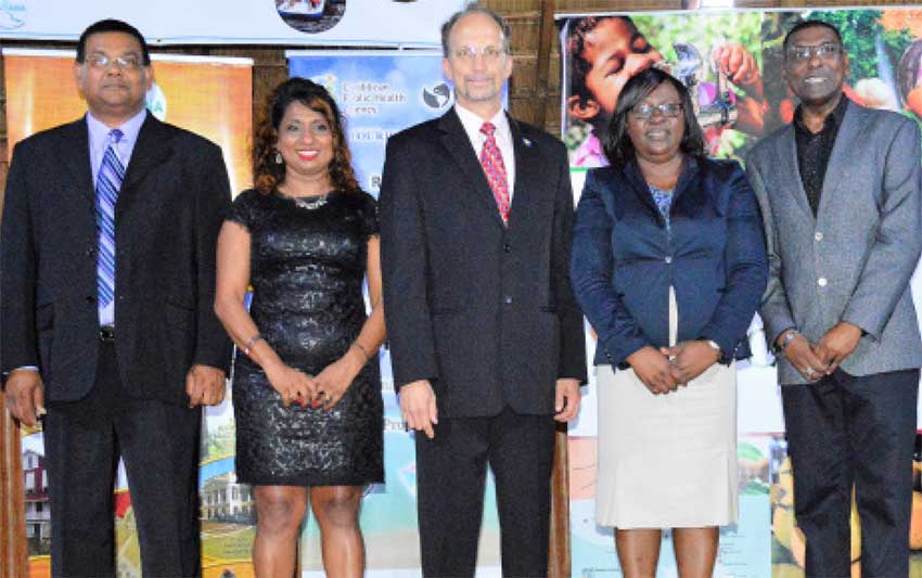Image: Left to right: Indranauth Haralsingh, Director Guyana Tourism Authority; Dr. Lisa Indar, Head CARPHA Regional Tourism and Health Programme; Dr. C. JamesHospedales, Executive Director CARPHA; Dr. Karen Cummings, Minister within the Ministry of Public Health; and Dr.ShamdeoPersad. Chief Medical Officer Ministry of Public Health.