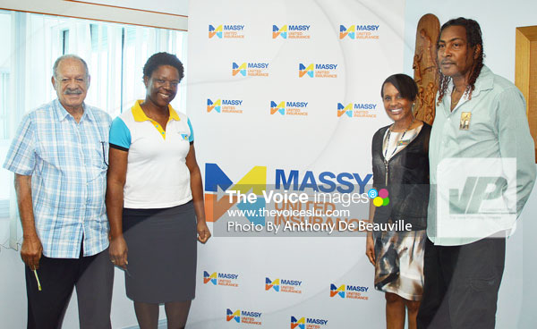 IMG:  (l-r) present at Thursday Press Conference  J E Bergasse Director Hollis Bristol, School Sports Coordinator Isabel Marquis, Massy Insurance General Manager Faye Miller and  Ryan O' Brian, Information Assistant, Department of Youth Development and Sports. (Photo: Anthony De Beauville) 