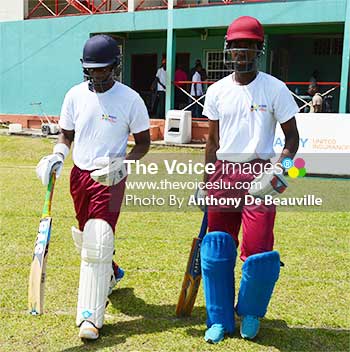 Image: (L-R) Sir Arthur Lewis Community College’s opening pair Jarde Goodman and Dane Edward put on 196 runs for the first wicket. (Photo: Anthony De Beauville)