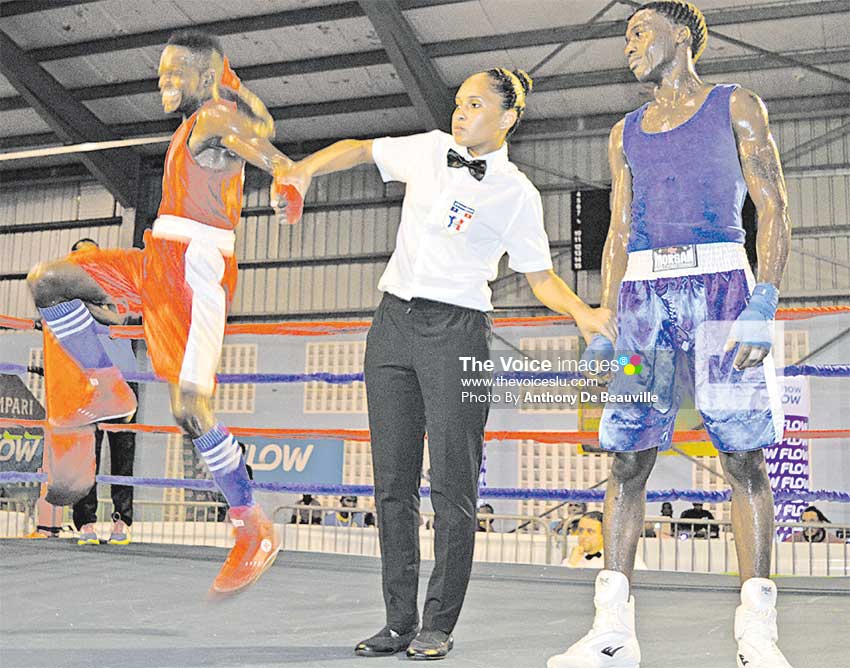 Image: Kareem Boyce jumps to joy following his victory against Nelon Cyrus of Grenada. (PHOTO: Anthony De Beauville)