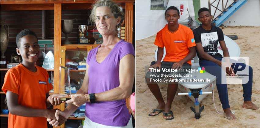 Image: (L-R) Optimist Class 12-year-old Alejandro Vargas finished first overall and received the Ted Bull Benjamin Optimist Champion Trophy from Meet Director Lily Bergasse; Saint Lucia’s two representatives for the World Youth Championship in Belgium, Adonai Modeste and Guillaume Chevrier. (PHOTO: Anthony De Beauville)