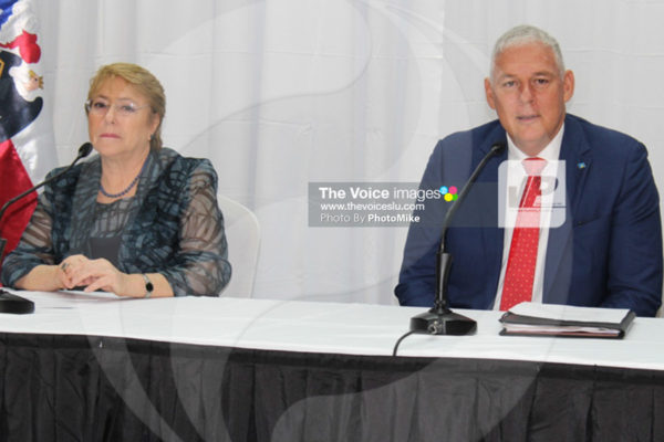 img: Chilean President Bachelet (left) and Prime Minister Chastanet at yesterday’s news conference, which simply entailed statements made to the media by both leaders.