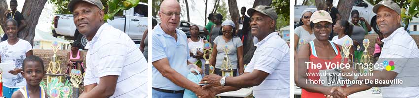 Image: (L-R) Peter Alphonse (youngest male), Peter Kent (oldest male) and Maudlin Coates (oldest female) receiving their trophy from Pastor Lennox Maxius. (Photo: Anthony De Beauville)