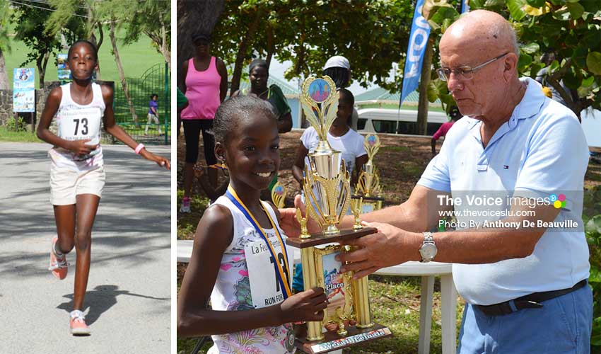 Image: (L -R) Skye Eugene, overall female winner cross the finish line; Skye receiving overall trophy from a representative of Caribbean Metals.(Photo: Anthony De Beauville)