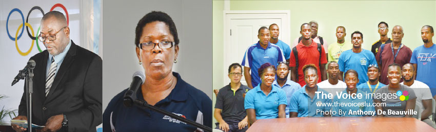 Image: (L-R) Sports Minister Edmund Estaphane; School Sports Coordinator, Isabel Marquis; Coaches within the Department. (PHOTOS: Anthony De Beauville)