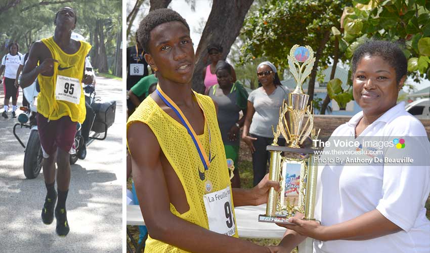 Image: Zidan Danzie, overall male winner finishing the 4-kilometre run; Zidan receiving overall trophy from a representative of Massy United Insurance Limited. (Photo: Anthony De Beauville)
