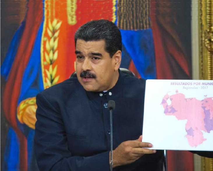 Image of Maduro showing a map of Venezuela depicting the states his party won in Sunday’s elections.