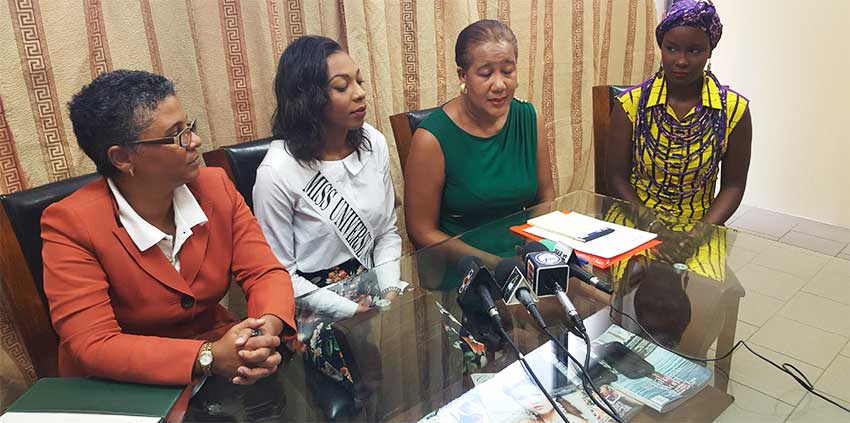 Image: (L-R) Dawn French, Deputy Permanent Secretary in the Department of Culture; SLU’s Miss Universe representative, Louise Victor; National Director, Joycie Mederick; and Kimberly Charlery, Fashion Designer.