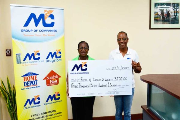 (In photo, from left to right): Stevie Theophane of M&C Group of Companies presenting a cheque to Paula Alfred representing Faces of Cancer.