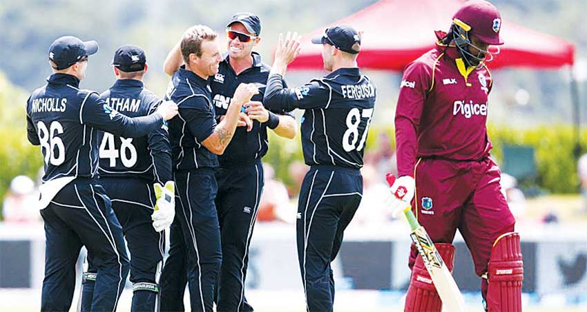 Image: Doug Bracewell found Chris Gayle’s outside edge off his first ball, New Zealand versus West Indies, 1st ODI, Whangarei, December 20, 2017. (PHOTO: Getty Images)