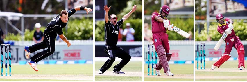 Image: (l-r) New Zealand’s Doug Bracewell struck twice in his first over; Todd Astle appeals for a wicket; West Indies’ Evin Lewis top scored with 76, and Rovman Powell made 58. (Photo: Getty Images/ AFP)