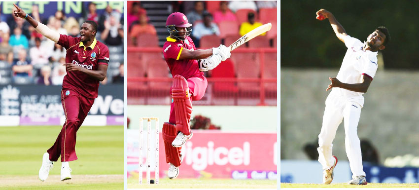 Image: (L-R) Jason Holder (captain) and Jason Mohammed (Vice-Captain) and DevendraBishoo(PHOTO: AFP/ Getty Images)