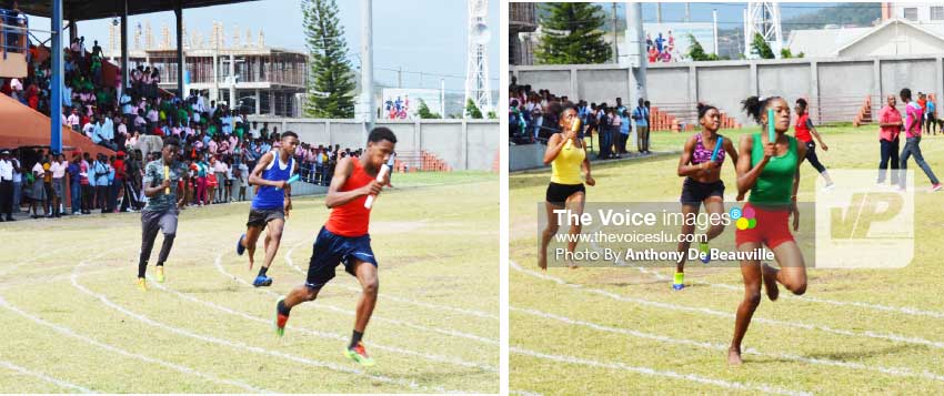 Image: (L-R) Boys and girls showdown in the 4x100-metres relay races. (PHOTO: Anthony De Beauville)