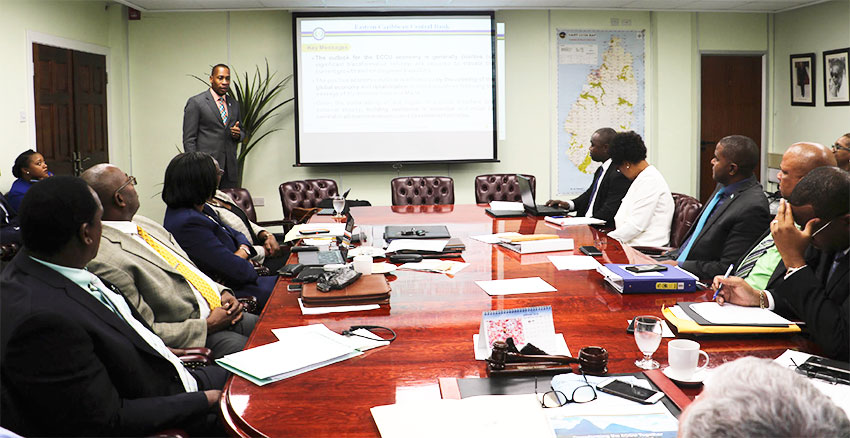 Image of ECCB Governor, Timothy Antoine, makes presentation to Cabinet.