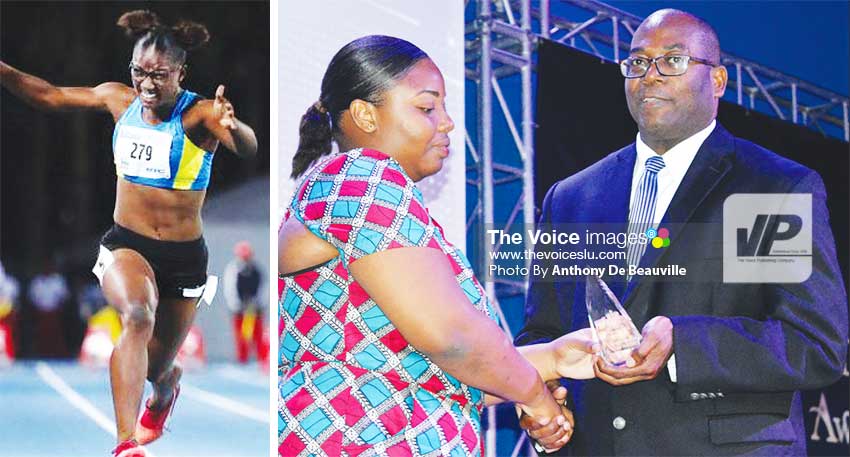 Image: (L-R) Julien Alfred winning the 100 metres at the CYG in the Bahamas; sister Juliana Hamilton receiving the Sportswoman of the Year title on her behalf from Sports Minister Edmund Estaphane. (PHOTO: CYG/Anthony De Beauville)