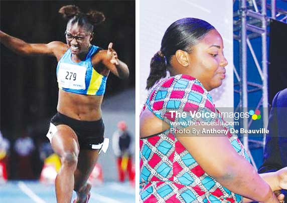 (L-R) Julien Alfred winning the 100 metres at the CYG in the Bahamas; sister Juliana Hamilton receiving the Sportswoman of the Year title on her behalf from Sports Minister Edmund Estaphane. (PHOTO: CYG/Anthony De Beauville)