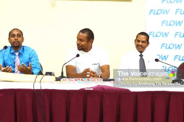 Image: (L-R) Nyus Alfred (SPL T20 Media Communication Officer), Hasan Eristhee (CEO SPL T20), Terry Finisterre (Flow Communication), Roger Joseph (LUCELEC Corporate Manager for Communication) and Nikisha Rabess (Marketing Officer for Bay Gardens Hotel). (PHOTO: Anthony De Beauville)