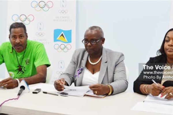 Image: (L-R) Ryan O’ Brien (SLOC Communication Officer), Fortuna Belrose (SLOC President/ Commonwealth Games Federation Regional Vice President) and Liota Charlemagne - Mason (SLOC Member) at Wednesday press conference (Photo: Anthony De Beauville)