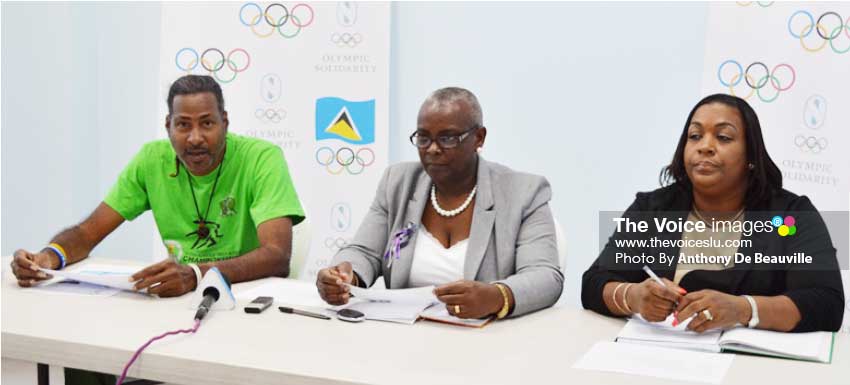 Image: (L-R) Ryan O’ Brien (SLOC Communication Officer), Fortuna Belrose (SLOC President/ Commonwealth Games Federation Regional Vice President) and Liota Charlemagne - Mason (SLOC Member) at Wednesday press conference (Photo: Anthony De Beauville)