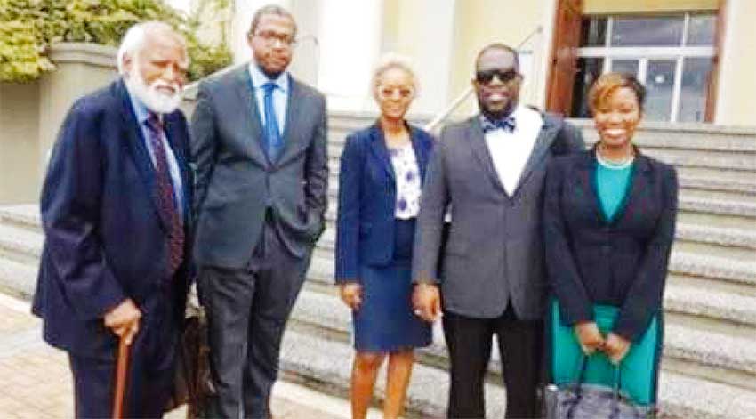 Image: THE WINNING TEAM: From left: Queens Counsel Elliott Mottley, Professor Eddy Ventose, attorneys-at-law Faye Finnisterre, Gregory Nicholls and Alicia Carter outside of the Supreme Court in Barbados