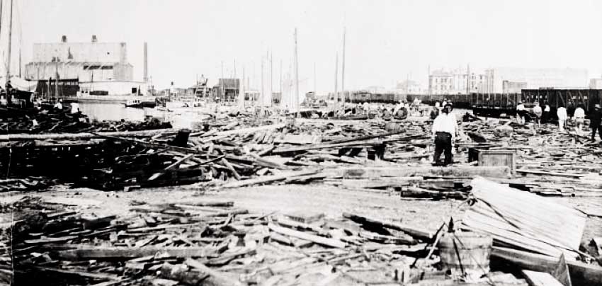 Image: A depiction of the ruins of Galveston after the passing of the hurricane in 1900. (Credit: Library of Congress)
