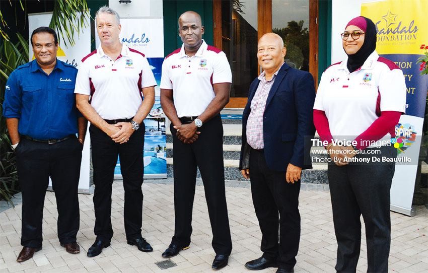 Image: Sunil Ramdeen - Sandals Regional Public Relations Manager, Stuart Law- CWI Team Coach -Rawl Lewis- CWI Team Manager, Sandals General Manager - Winston Anderson, CWI Media Officer Team Windies -Naasira Mohammed. (PHOTO: Anthony De Beauville)