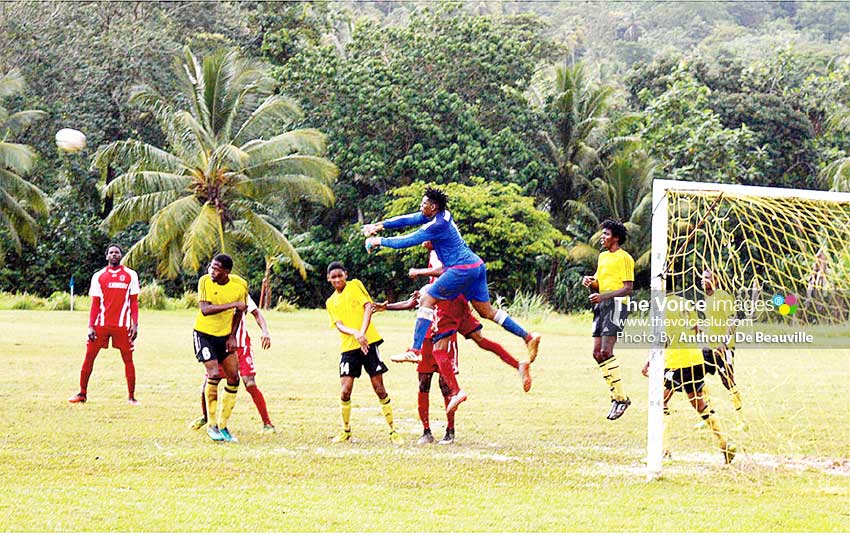 Image: Micoud custodian Noah Didier comes up with a big save against Dennery (Photo: Anthony De Beauville)