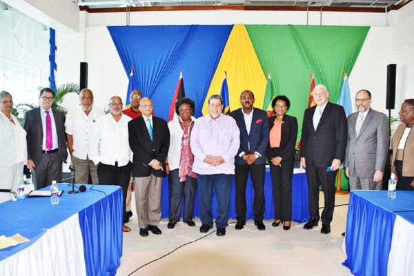 Image: Host PM Dr Gonsalves with fellow Prime Ministers, Transport Ministers, OECS and LIAT officials following yesterday’s summit meeting.