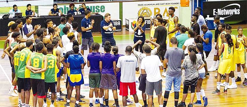 Image of tournament participants including Saint Lucia at the interactive basketball drills, leadership activities and discussions workshops. (Photo: SLBF)