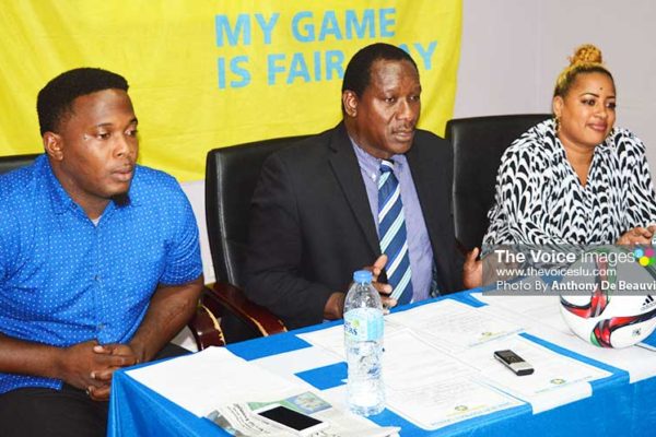 Image: (L-R) Shayne Paul - President GIFL, Lenard Montoute – Parliamentary Representative for Gros Islet and Marsha Smith - 2nd Vice President for female football (Photo: Anthony De Beauville)