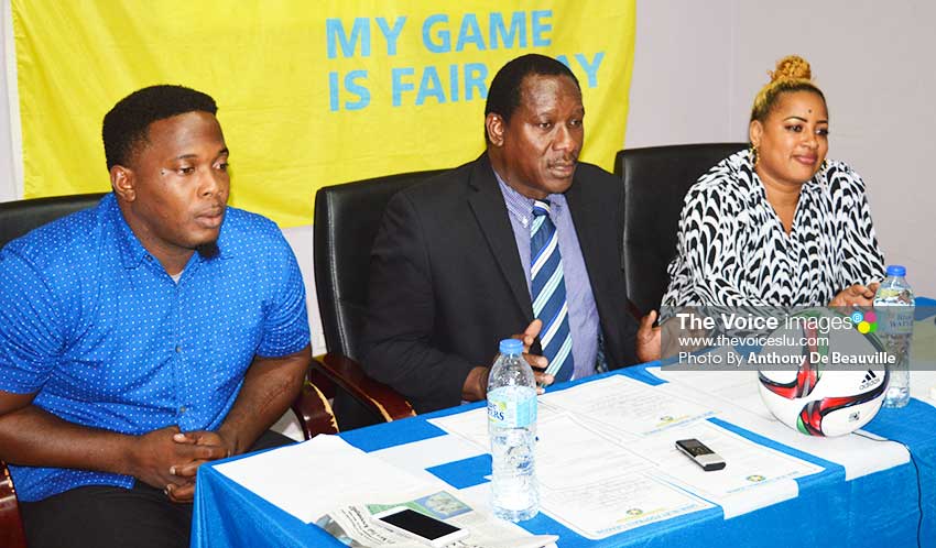 Image: (L-R) Shayne Paul - President GIFL, Lenard Montoute – Parliamentary Representative for Gros Islet and Marsha Smith - 2nd Vice President for female football (Photo: Anthony De Beauville)